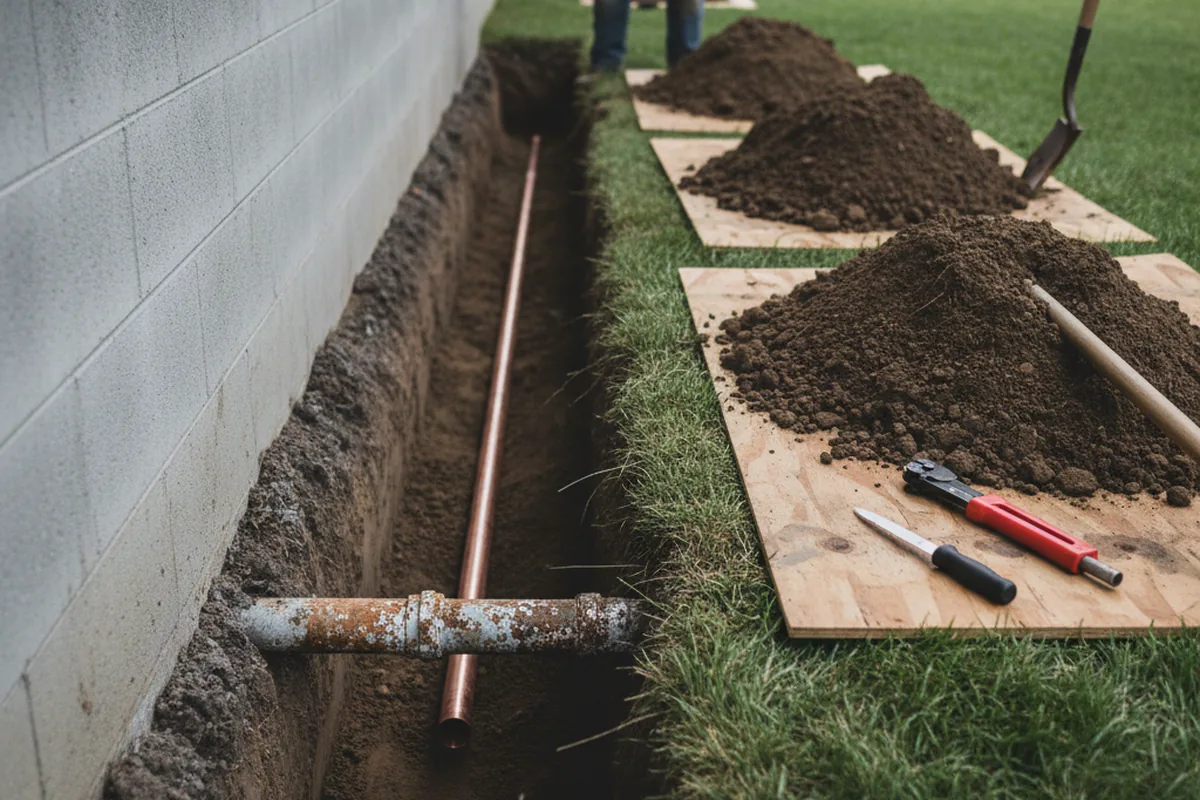 Excavated water line trench during Water Softener Installation in Alexandria